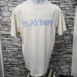 PLAYBOY Men Large Cream and Blue Short Sleeve Crewneck Y2K Tshirt